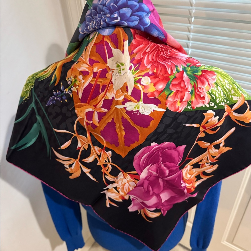 Salvatore Ferragamo Floral Silk Scarf - Black, Pink, Orange approximately 34”x34